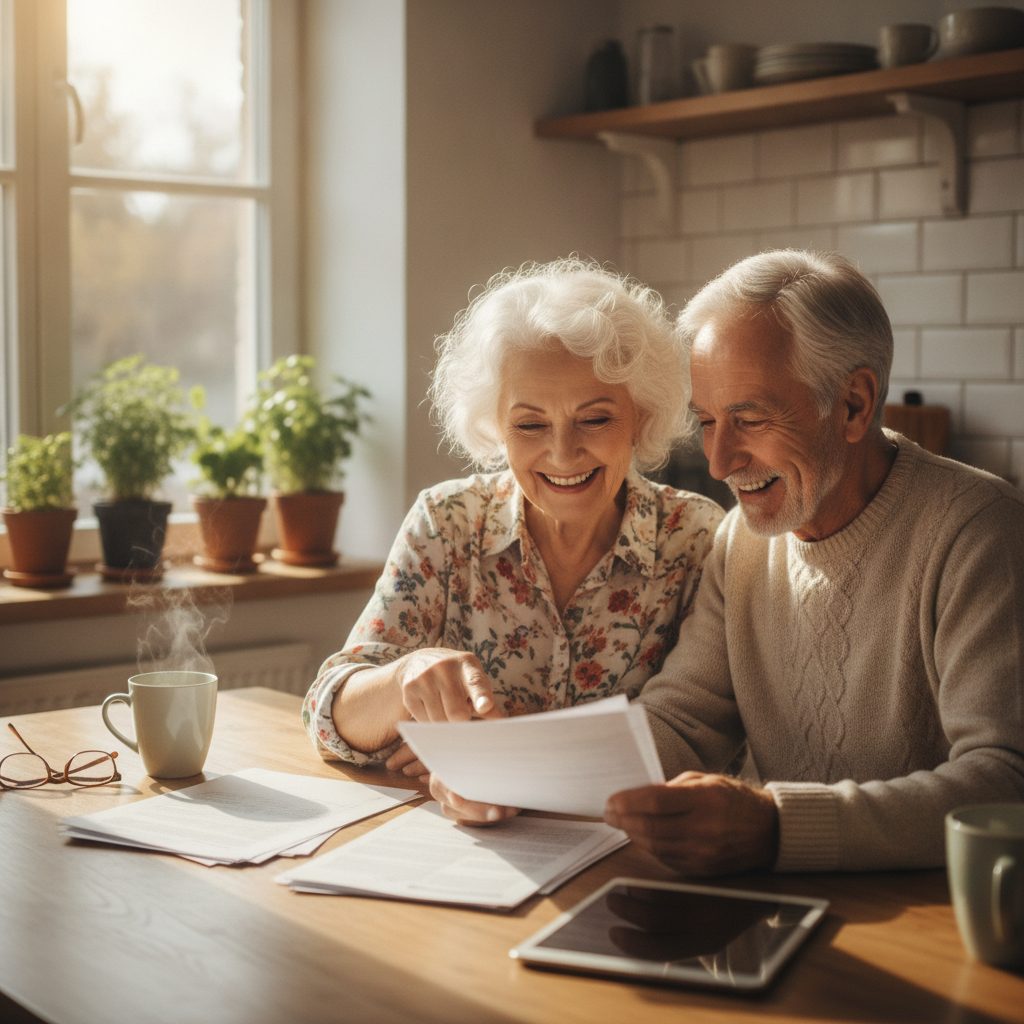 Senior couple reviewing Medicare paperwork at a sunny kitchen table
